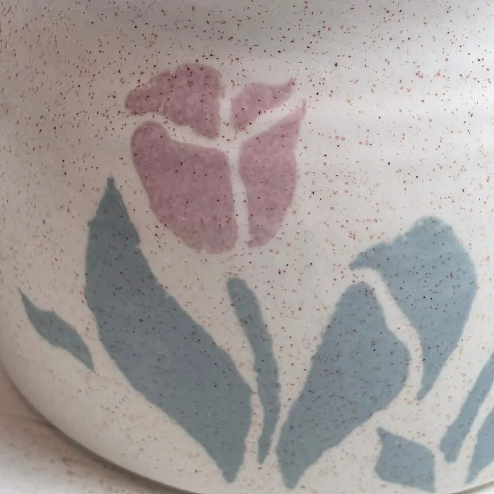 Vintage Ceramic Canister Jar‎ Lid Pink Blue Tulips Floral Design Kitchen Storage